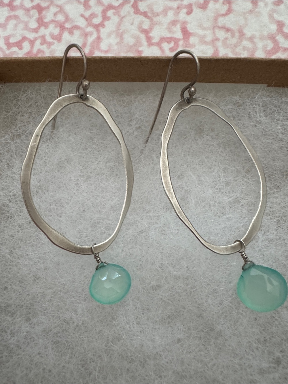 Silver Open Oval Earrings with Aqua Green Drop